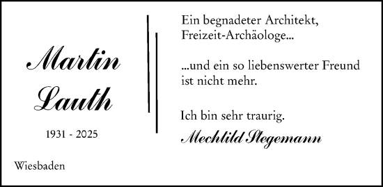 Traueranzeige von Martin Lauth von Wiesbadener Kurier