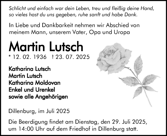 Traueranzeige von Martin Lutsch von Dill Block
