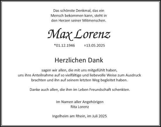 Traueranzeige von Max Lorenz von Allgemeine Zeitung Rheinhessen-Nahe