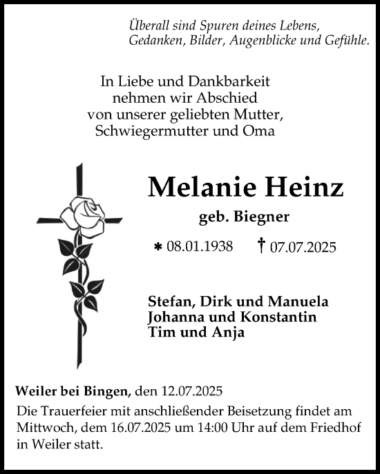 Traueranzeige von Melanie Heinz von Allgemeine Zeitung Rheinhessen-Nahe