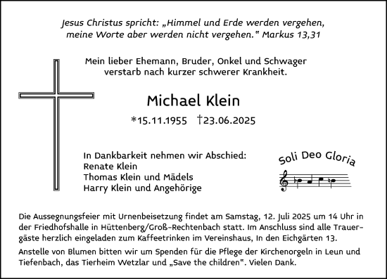 Traueranzeige von Michael Klein von Wetzlarer Neue Zeitung