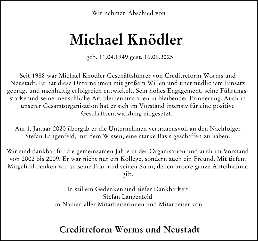  Traueranzeige für Michael Knödler vom 05.07.2025 aus Wormser Zeitung