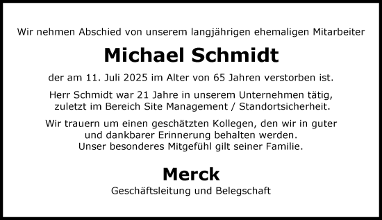 Traueranzeige von Michael Schmidt von Darmstädter Echo