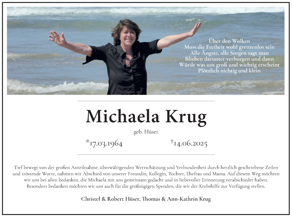  Traueranzeige für Michaela Krug vom 26.07.2025 aus Allgemeine Zeitung Mainz