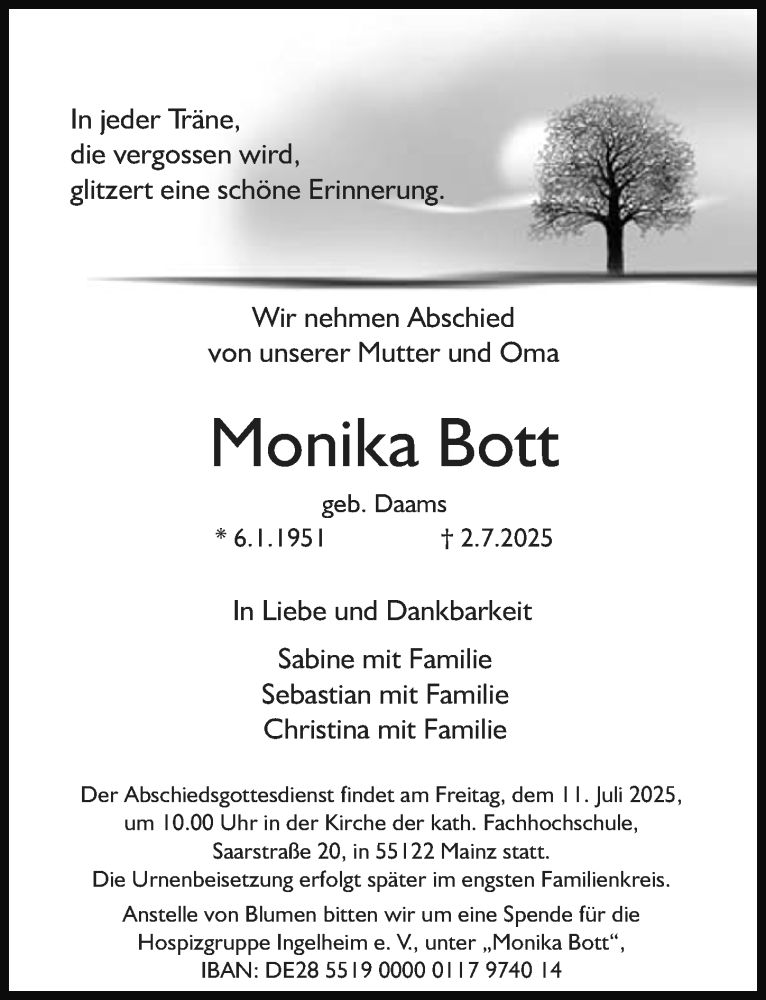  Traueranzeige für Monika Bott vom 05.07.2025 aus Allgemeine Zeitung Mainz