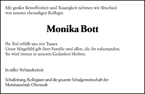 Traueranzeige von Monika Bott von Allgemeine Zeitung Mainz