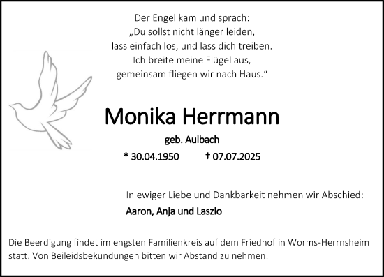 Traueranzeige von Monika Herrmann von Allgemeine Zeitung Alzey