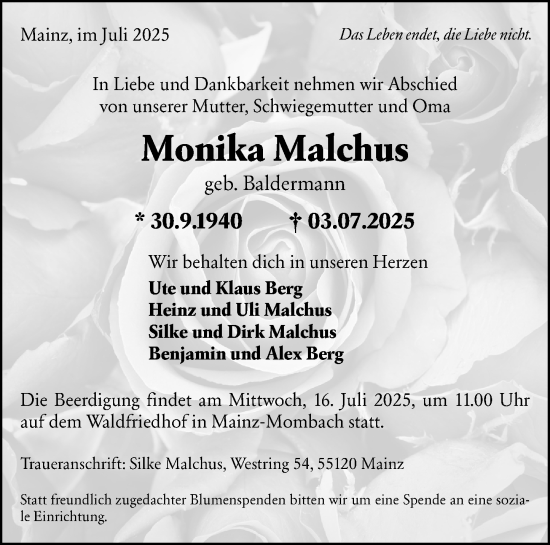 Traueranzeige von Monika Malchus von Allgemeine Zeitung Mainz