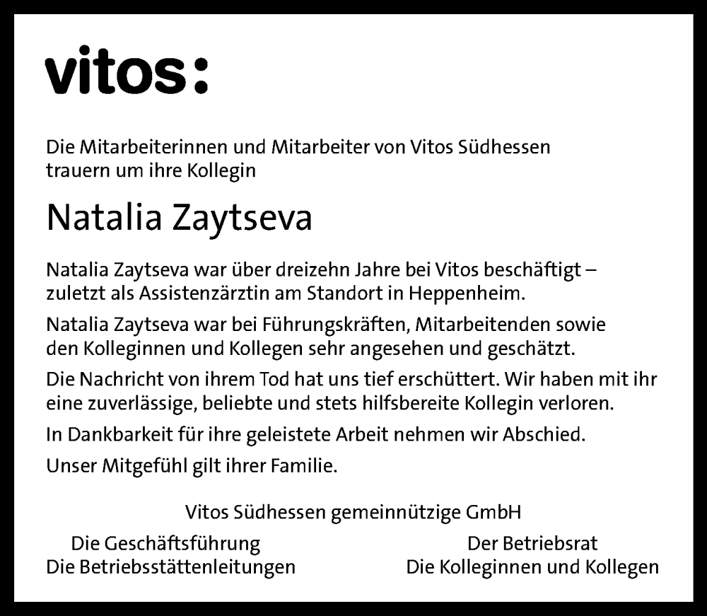  Traueranzeige für Natalia Zaytseva vom 19.07.2025 aus Bergsträßer Anzeiger