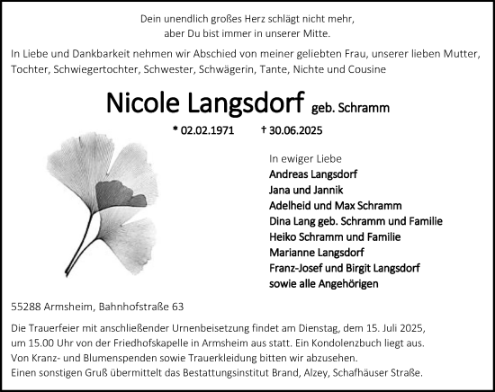 Traueranzeige von Nicole Langsdorf von Allgemeine Zeitung Alzey