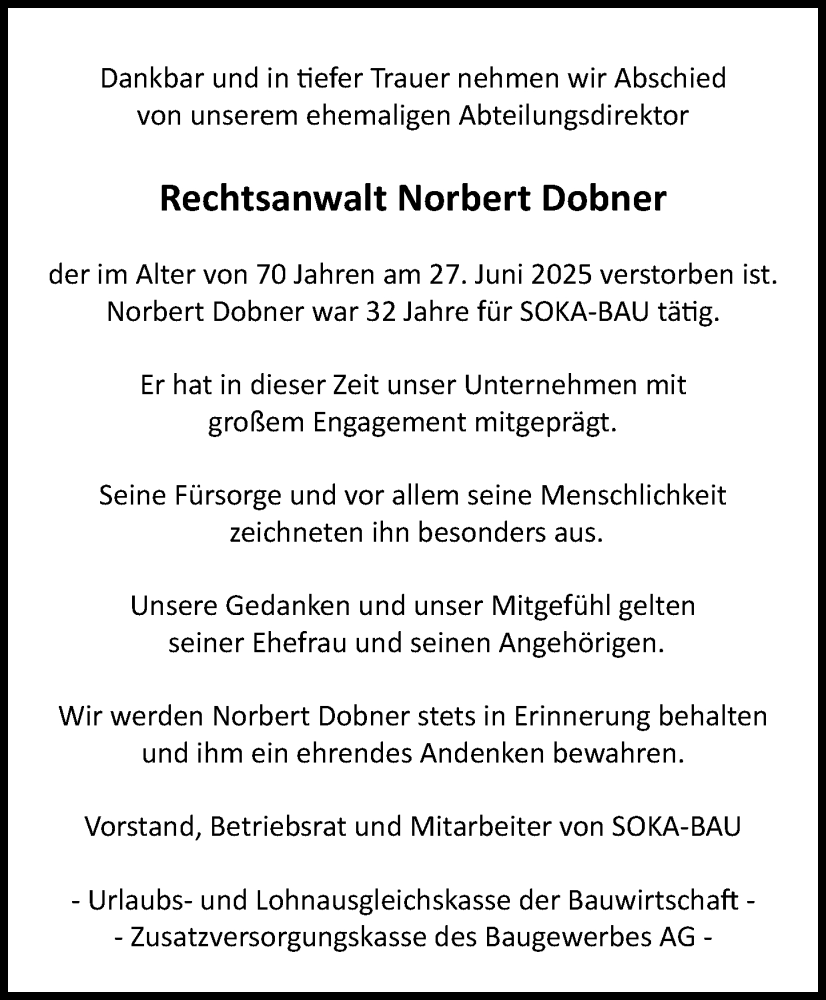  Traueranzeige für Norbert Dobner vom 10.07.2025 aus Wiesbadener Kurier