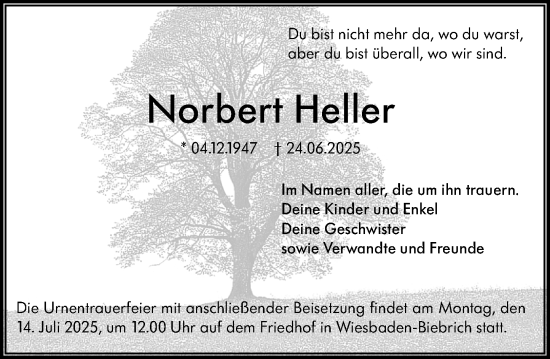 Traueranzeige von Norbert Heller von Wiesbadener Kurier