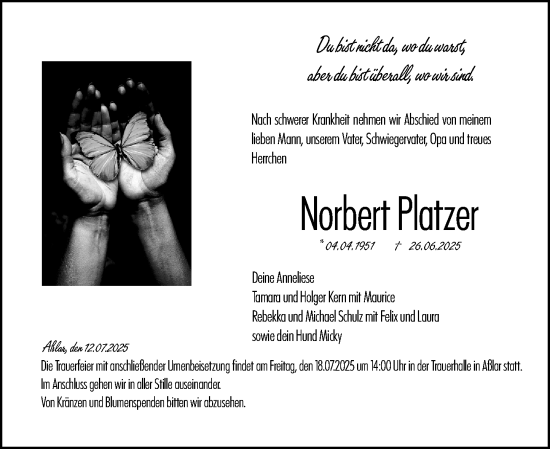 Traueranzeige von Norbert Platzer von Wetzlarer Neue Zeitung