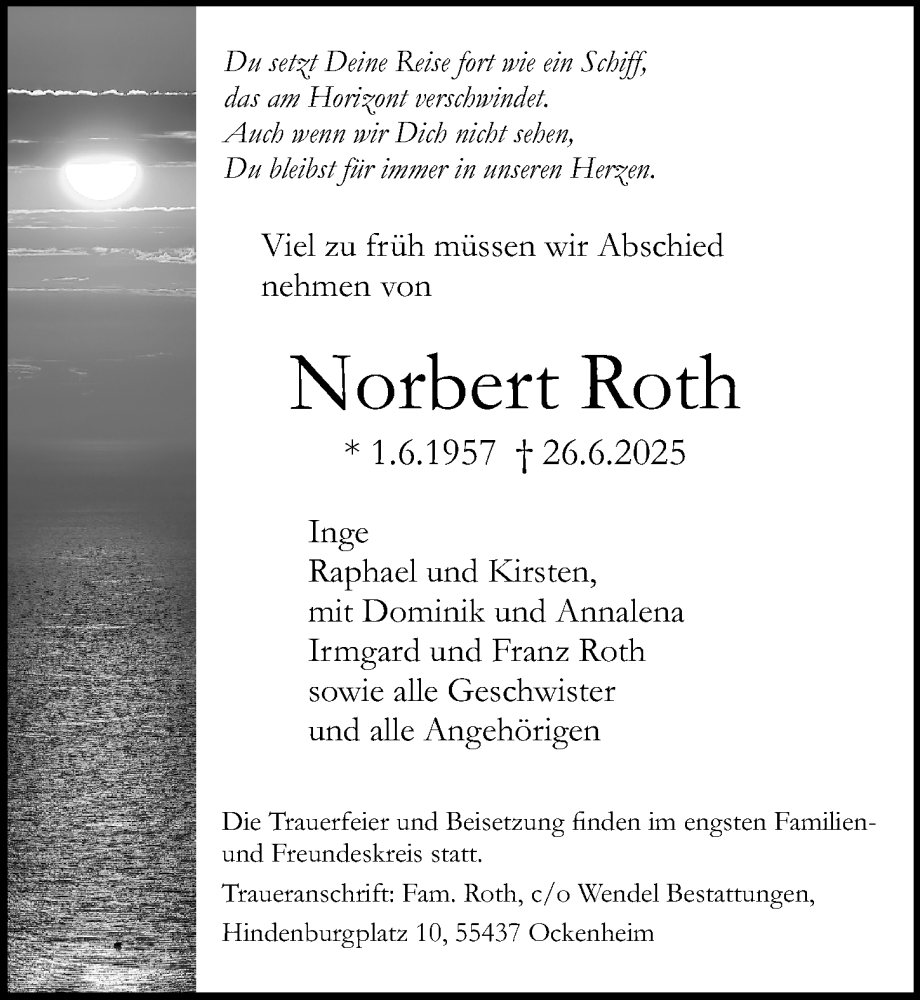  Traueranzeige für Norbert Roth vom 05.07.2025 aus Allgemeine Zeitung Rheinhessen-Nahe