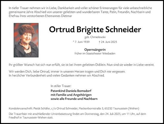 Traueranzeige von Ortrud Schneider von Wiesbadener Kurier
