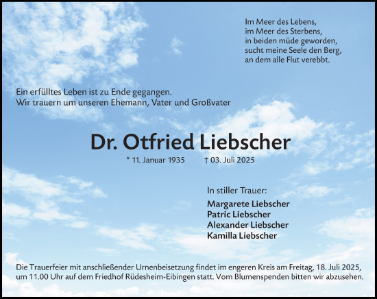 Traueranzeige von Otfried Liebscher von Rheingau Kurier