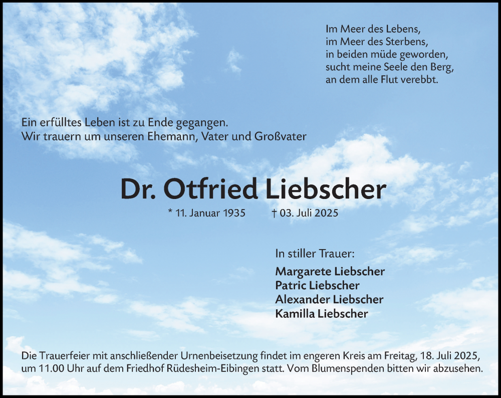  Traueranzeige für Otfried Liebscher vom 12.07.2025 aus Rheingau Kurier