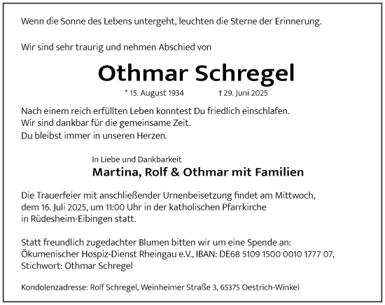 Traueranzeige von Othmar Schregel von Wiesbadener Kurier