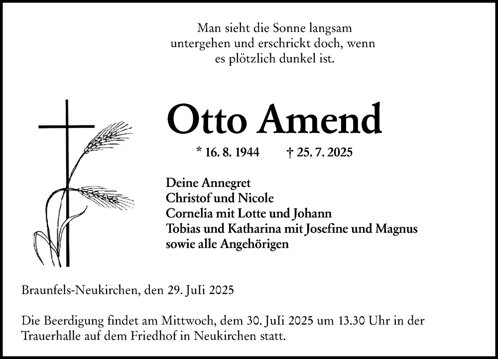  Traueranzeige für Otto Amend vom 29.07.2025 aus Wetzlarer Neue Zeitung