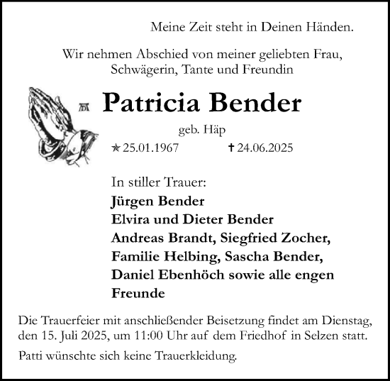 Traueranzeige von Patricia Bender von Allgemeine Zeitung Mainz