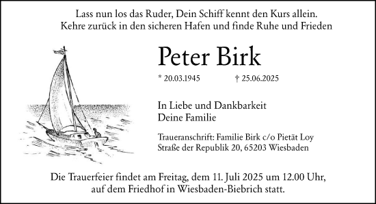 Traueranzeige von Peter Birk von Wiesbadener Kurier