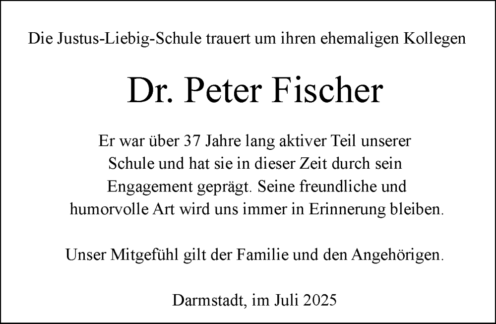  Traueranzeige für Peter Fischer vom 12.07.2025 aus Darmstädter Echo