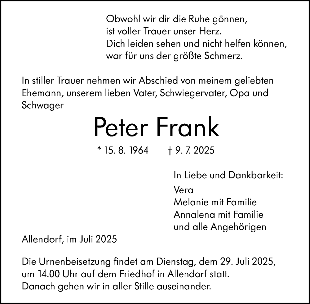  Traueranzeige für Peter Frank vom 26.07.2025 aus Weilburger Tageblatt