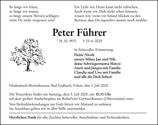 Traueranzeige von Peter Führer von Hinterländer Anzeiger