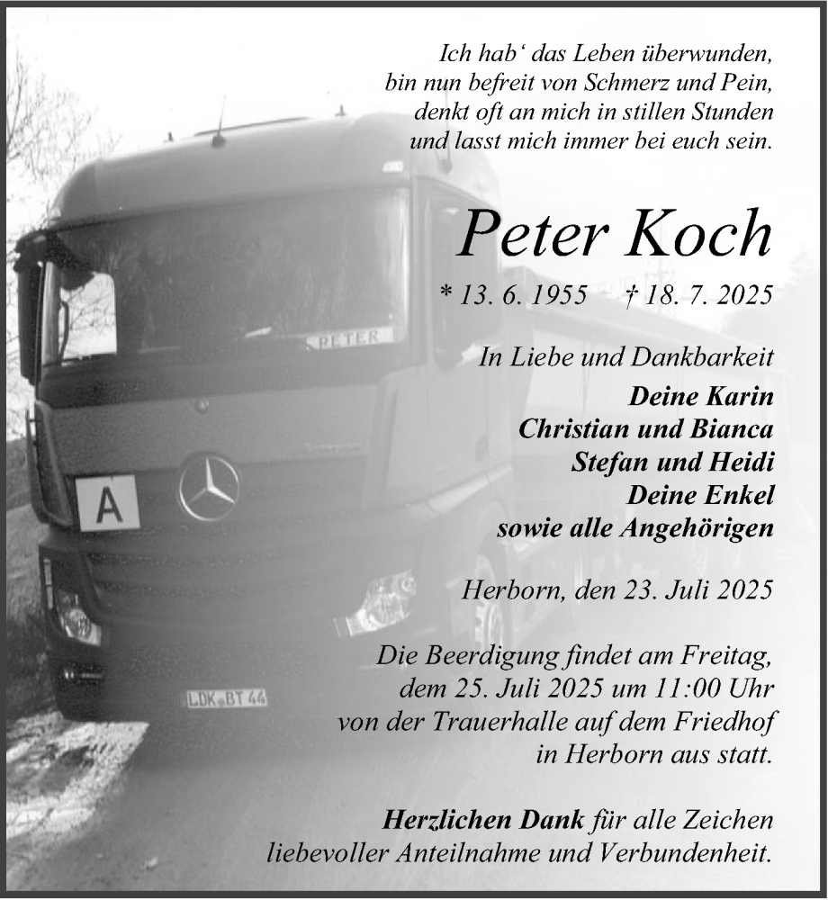  Traueranzeige für Peter Koch vom 23.07.2025 aus Dill Block
