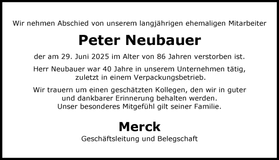 Traueranzeige von Peter Neubauer von Darmstädter Echo