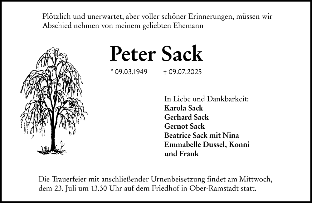  Traueranzeige für Peter Sack vom 19.07.2025 aus Darmstädter Echo