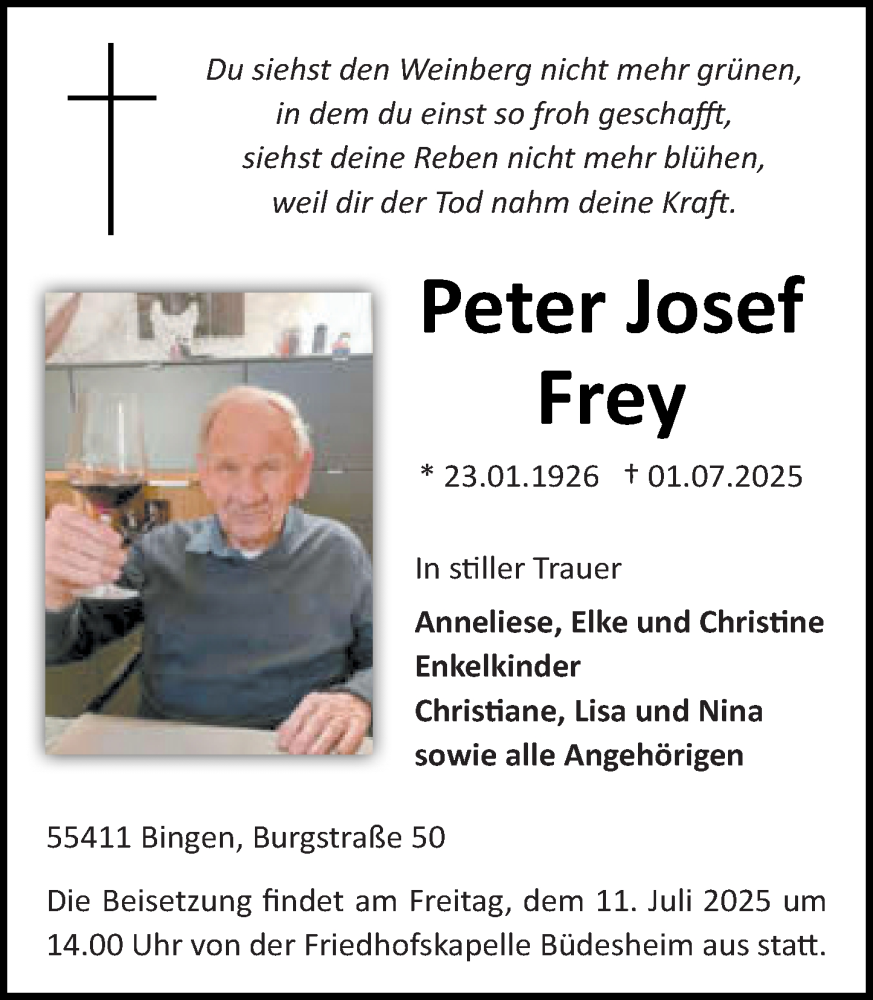  Traueranzeige für Peter Josef Frey vom 09.07.2025 aus Allgemeine Zeitung Rheinhessen-Nahe