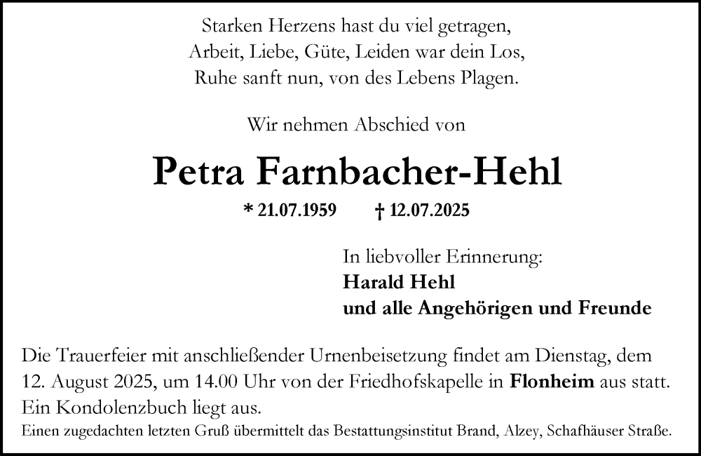  Traueranzeige für Petra Farnbacher-Hehl vom 19.07.2025 aus Allgemeine Zeitung Alzey