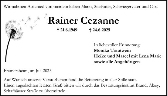 Traueranzeige von Rainer Cezanne von Allgemeine Zeitung Alzey