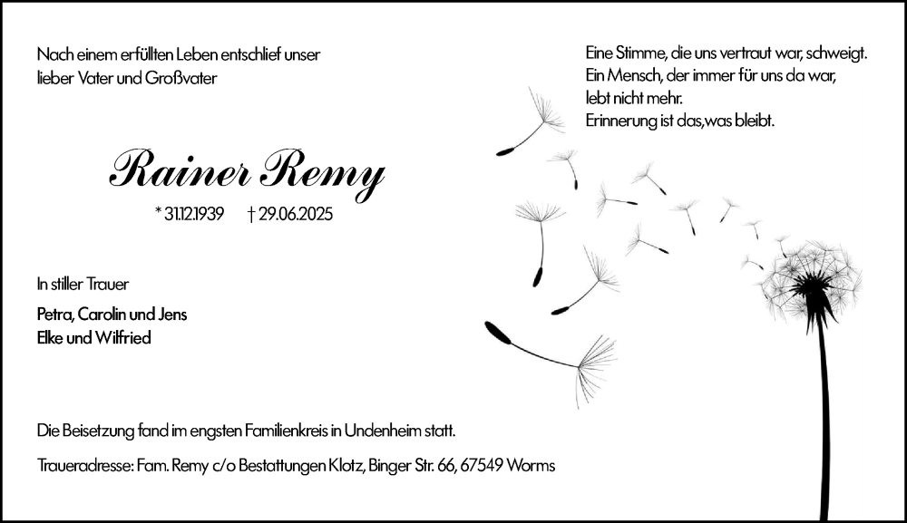  Traueranzeige für Rainer Remy vom 19.07.2025 aus Allgemeine Zeitung Mainz