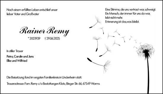 Traueranzeige von Rainer Remy von Allgemeine Zeitung Mainz