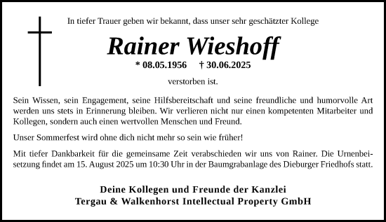 Traueranzeige von Rainer Wieshoff von Darmstädter Echo