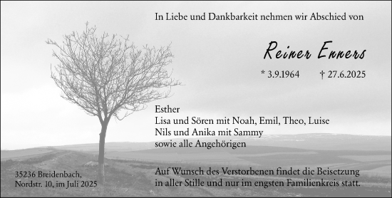 Traueranzeige von Reiner Enners von Hinterländer Anzeiger