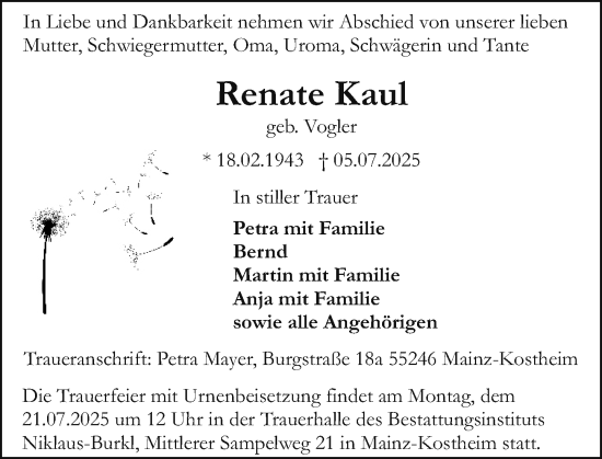 Traueranzeige von Renate Kaul von Allgemeine Zeitung Mainz