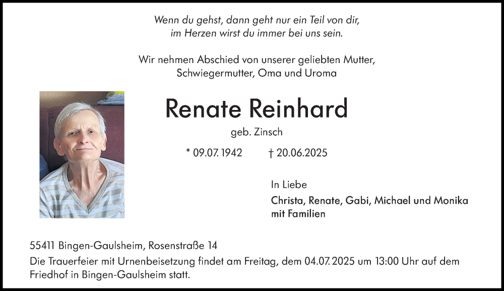  Traueranzeige für Renate Reinhard vom 05.07.2025 aus Binger-/Ingelheimer Wochenblatt
