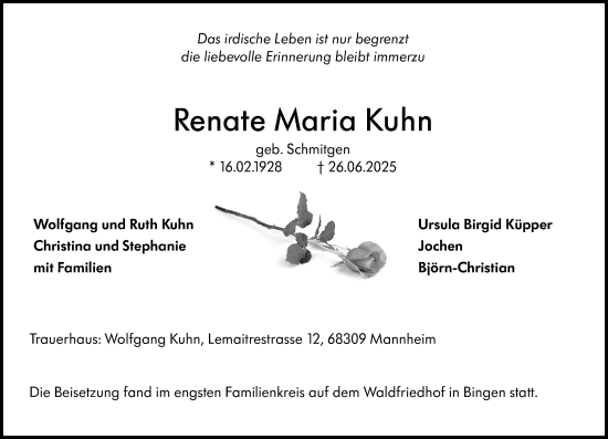 Traueranzeige von Renate Maria Kuhn von Binger-/Ingelheimer Wochenblatt