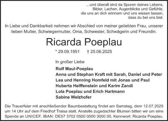 Traueranzeige von Ricarda Poeplau von Darmstädter Echo