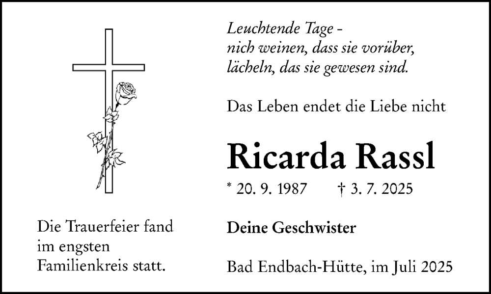  Traueranzeige für Ricarda Rassl vom 22.07.2025 aus Hinterländer Anzeiger