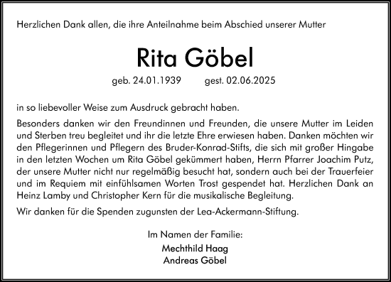 Traueranzeige von Rita Göbel von Allgemeine Zeitung Mainz