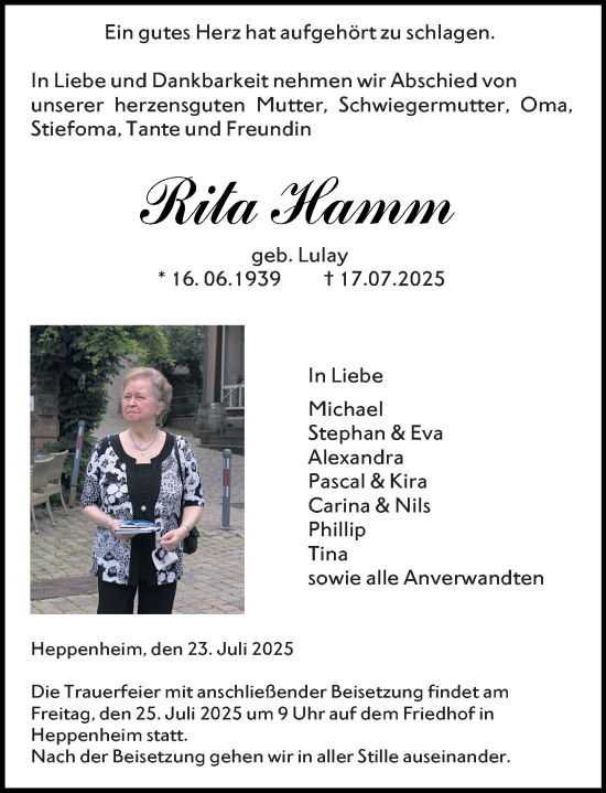 Traueranzeige von Rita Hamm von Starkenburger Echo