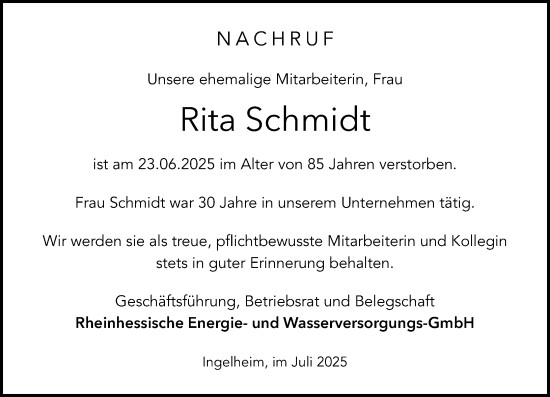 Traueranzeige von Rita Schmidt von Allgemeine Zeitung Rheinhessen-Nahe