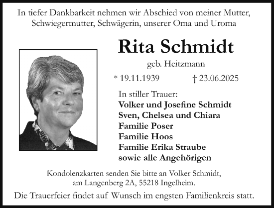 Traueranzeige von Rita Schmidt von Allgemeine Zeitung Rheinhessen-Nahe