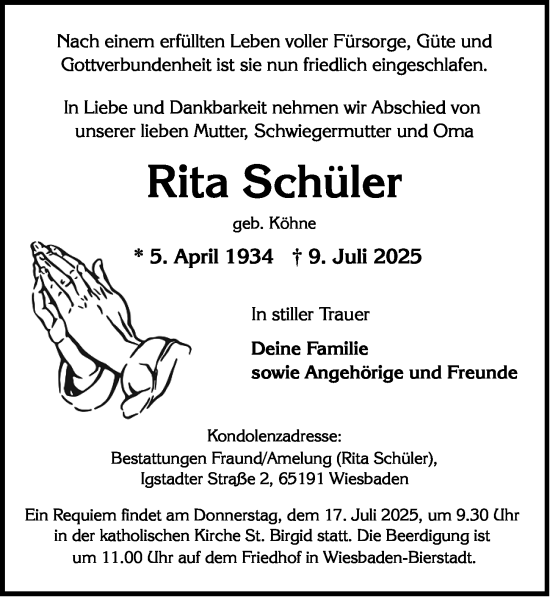 Traueranzeige von Rita Schüler von Wiesbadener Kurier