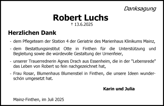 Traueranzeige von Robert Luchs von Allgemeine Zeitung Mainz