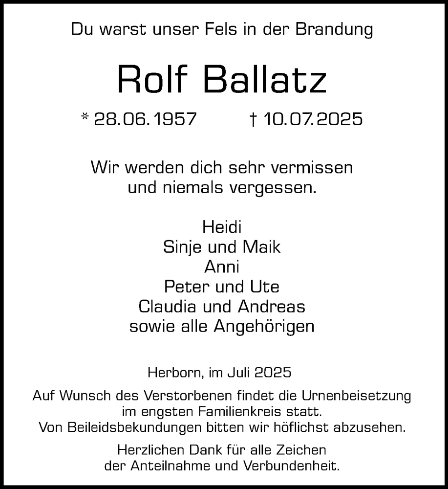  Traueranzeige für Rolf Ballatz vom 16.07.2025 aus Dill Block